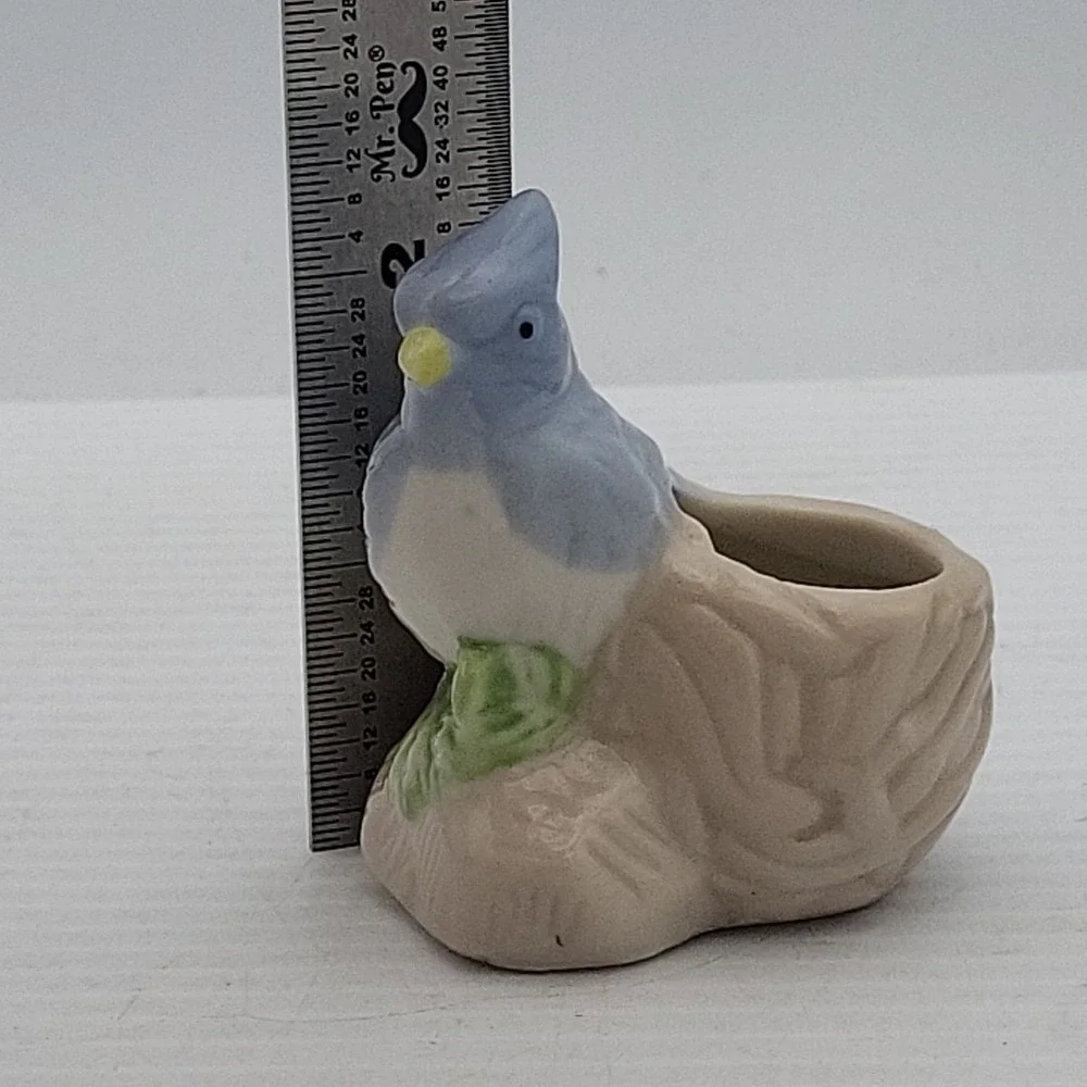 Blue Bird Toothpick Holder Pottery Ceramic Figurine Small Blue Jay Nest